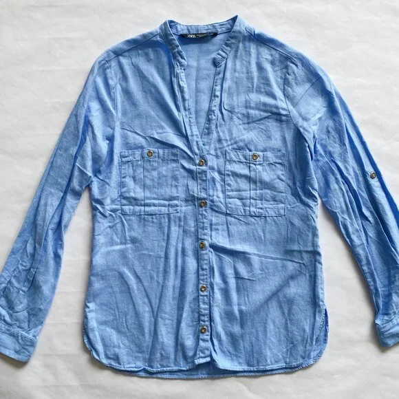 ZARA LINEN BLEND TAB SLEEVE SHIRT (Blue, XS) - Picture 5 of 6